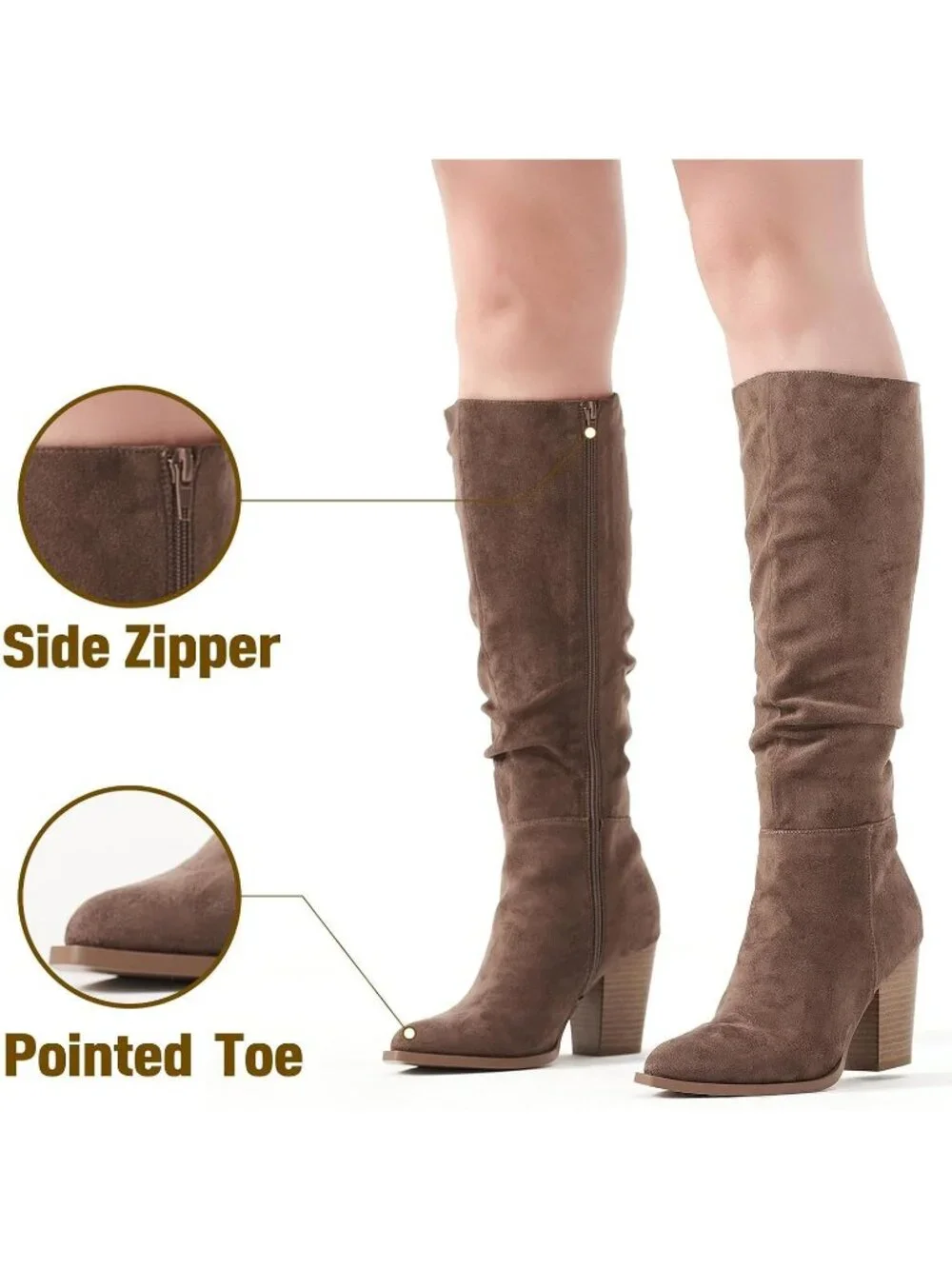 Women's  Khaki Knee High Faux Suede Pointed Toe Slouch Boots with Chunky Heel